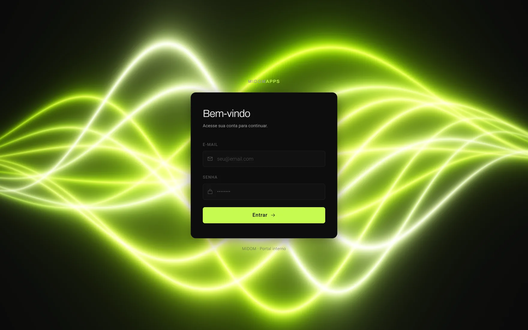 Tela de login do midomApps: cartão escuro com campos de e-mail e senha sobre um fundo animado de filamentos verdes.