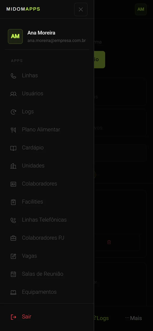 Gaveta de navegação aberta no celular, com nome e e-mail de quem está logado no topo, a lista completa de aplicações e o botão Sair no rodapé.