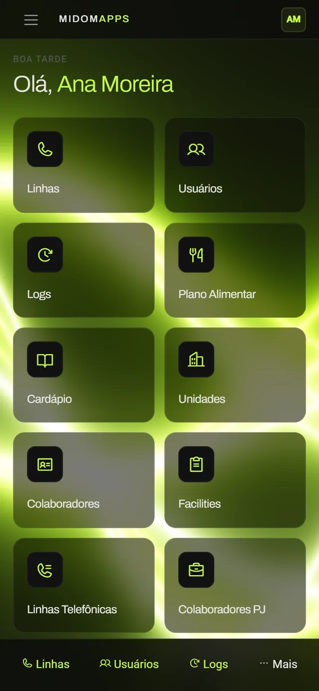 Portal do midomApps no celular: cartões de aplicação em duas colunas e a barra inferior com Linhas, Usuários, Logs e Mais.
