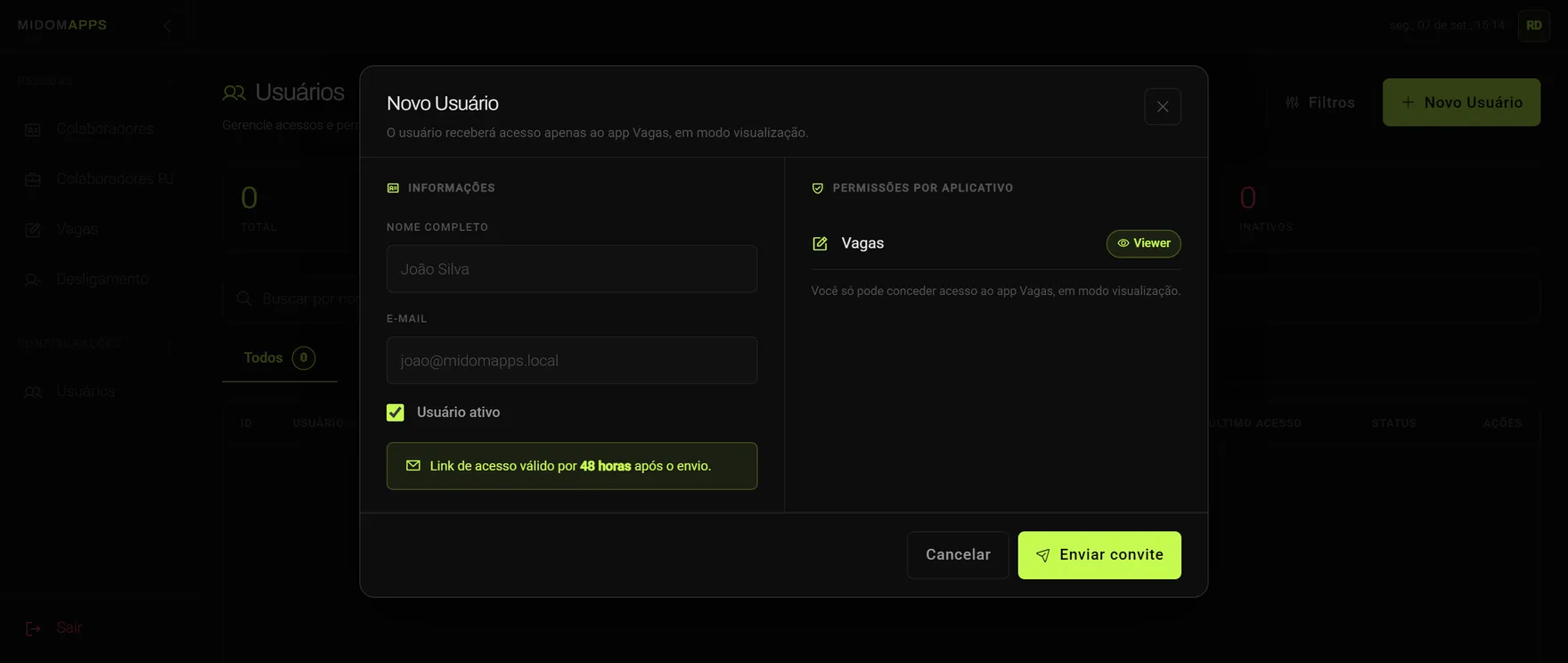 Modal de novo usuário na conta de um gestor de Vagas: a coluna de permissões traz uma linha só, Vagas em nível Viewer, e a frase Você só pode conceder acesso ao app Vagas, em modo visualização.