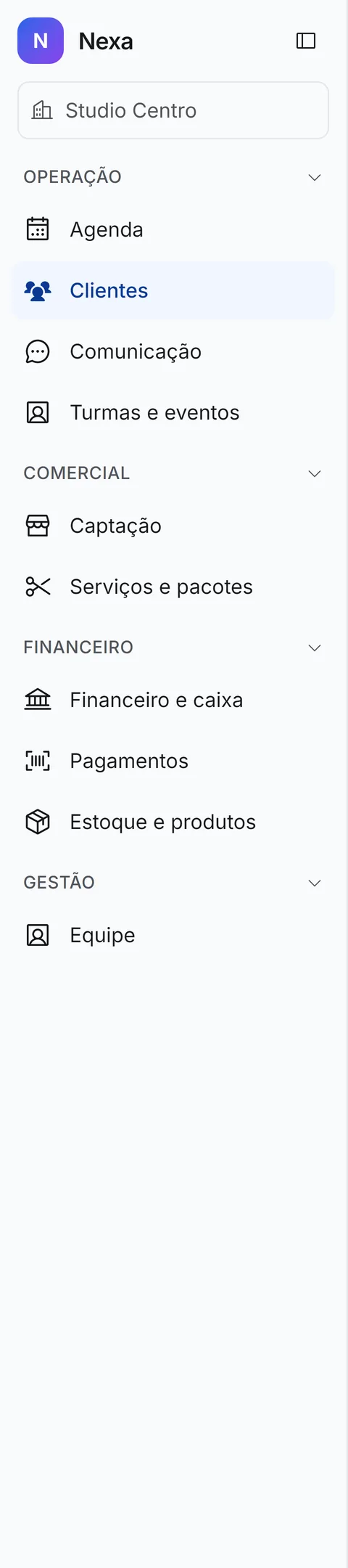 Barra lateral na conta da recepção: dez itens, sem o grupo Configurações, e com o seletor de unidade fixo numa unidade só.