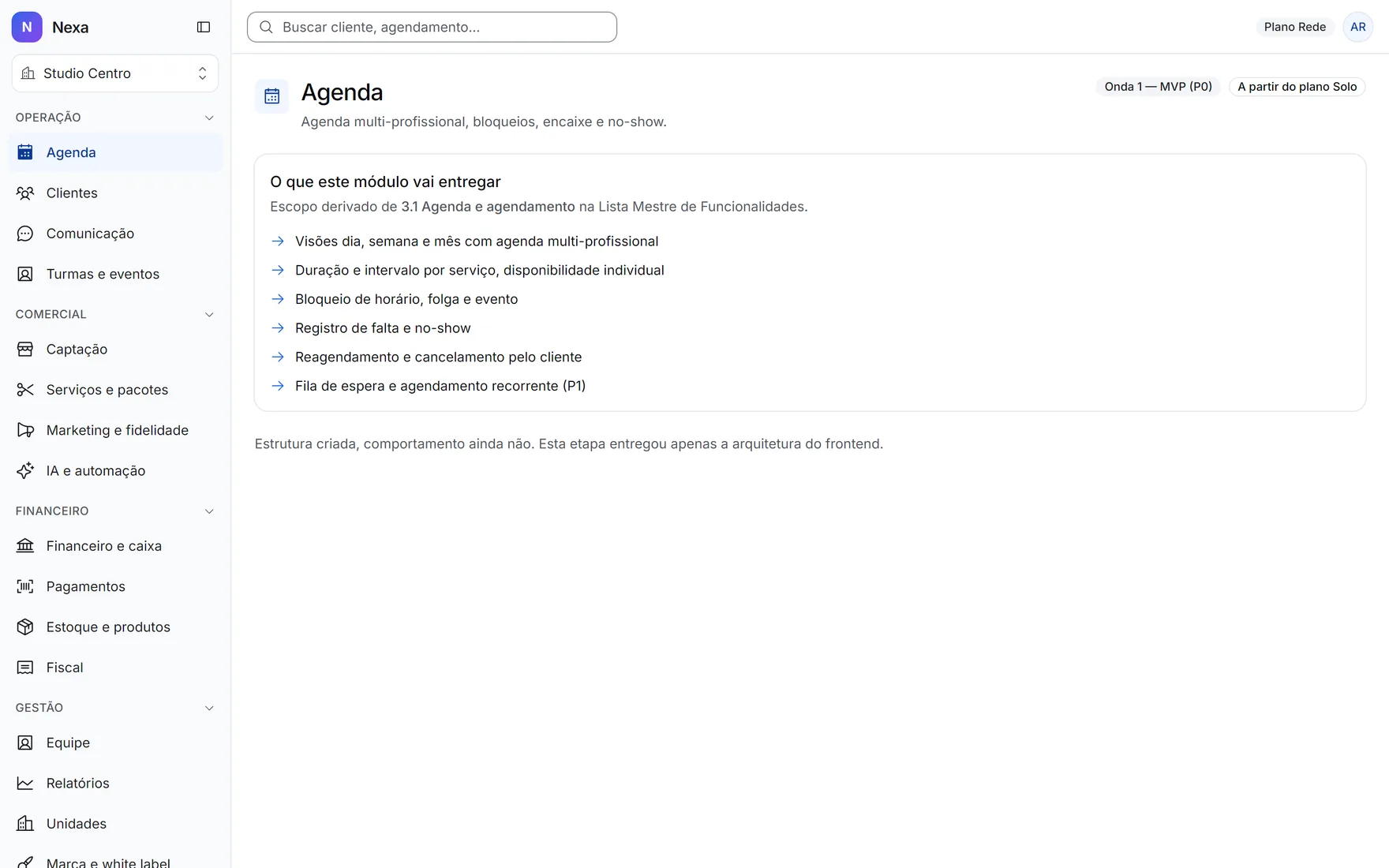 Tela do módulo Agenda com a etiqueta Onda 1 MVP P0, a etiqueta A partir do plano Solo, a lista do que o módulo vai entregar e a origem do escopo na lista mestre.