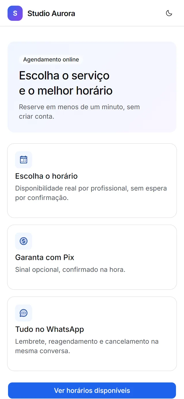 Página pública de agendamento com o nome do estabelecimento, e três cartões: escolha o horário, garanta com Pix e tudo no WhatsApp.