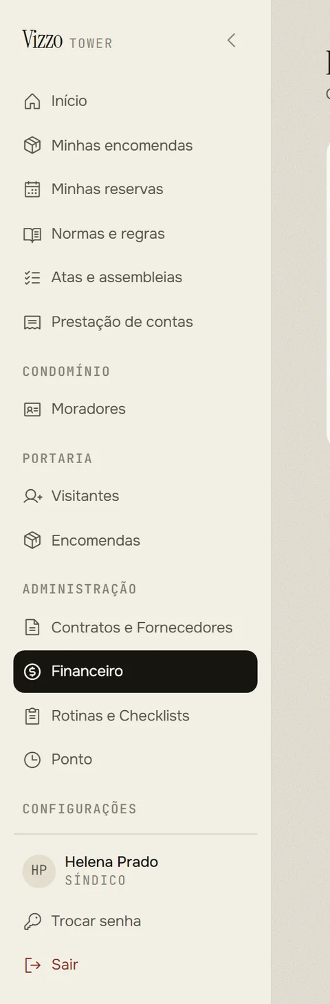 Barra lateral do sistema na conta da síndica: dezoito itens, agrupados em Condomínio, Portaria, Administração e Configurações.